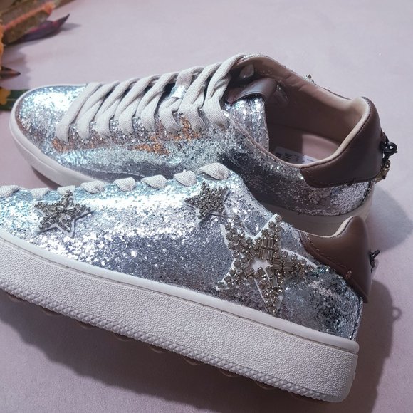 COACH STAR EMBELLISHED GLITTER & LEATHER SNEAKERS - Picture 13 of 14